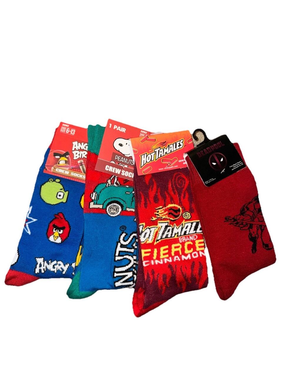 Novelty Crew Socks Lot Deadpool Peanuts Snoopy Angry Birds Hot Tamales Size 6-13